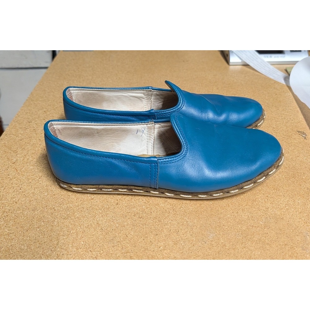 Sabah Blue Leather Handmade Slipper Loafer Turkish Contrast Stitch Blue W40 Boho - Picture 5 of 7